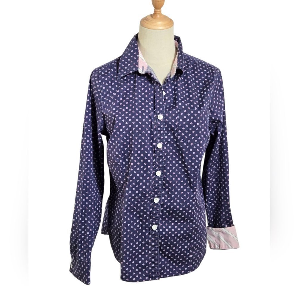 L.L. Bean Navy and Pink Polka Dot Button Down Shirt